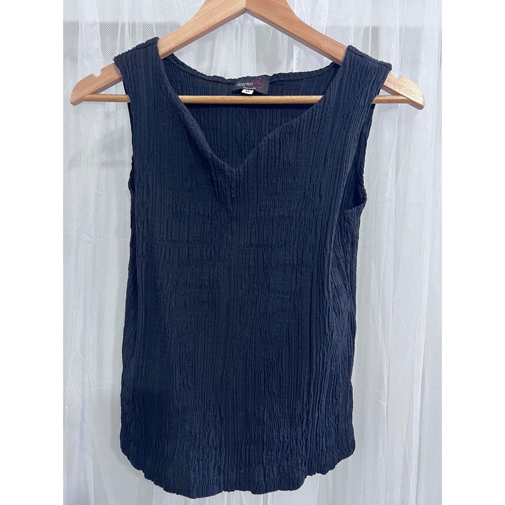 Andria‎ Lieu Womens Black Crinkle Textured V-Neck Sleeveless Tank Top Size M USA